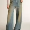 Boyfriend-jeans för damer med sliten effekt, sandtvätt och nitar