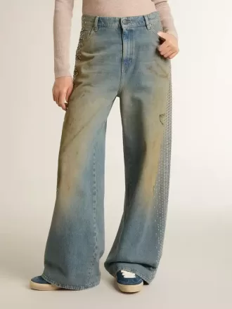 Boyfriend-jeans för damer med sliten effekt, sandtvätt och nitar