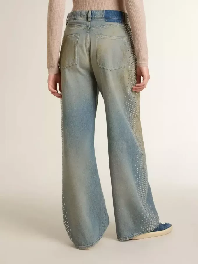 Boyfriend-jeans för damer med sliten effekt, sandtvätt och nitar