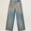 Boyfriend-jeans för damer med sliten effekt, sandtvätt och nitar