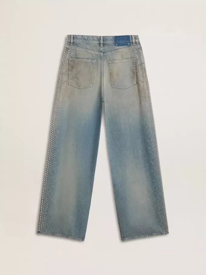 Boyfriend-jeans för damer med sliten effekt, sandtvätt och nitar