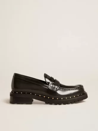 Chunky loafers för damer i svart läder med nitar