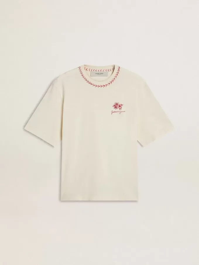 CNY sliten vit ärmlös T-shirt med röd brodyr CNY sliten vit ärmlös T-shirt med röd brodyr