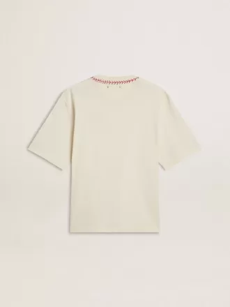 CNY sliten vit ärmlös T-shirt med röd brodyr
