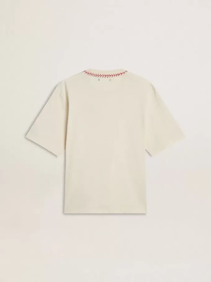 CNY sliten vit ärmlös T-shirt med röd brodyr CNY sliten vit ärmlös T-shirt med röd brodyr