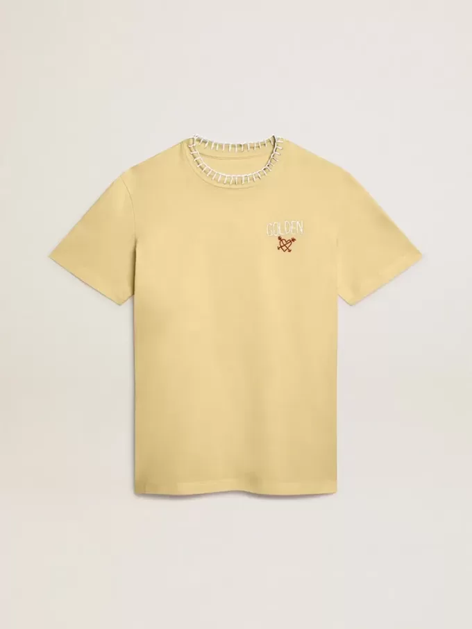 Dam-T-shirt i bomullsjersey med broderi på halsen och hjärtat
