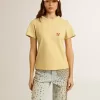 Dam-T-shirt i bomullsjersey med broderi på halsen och hjärtat