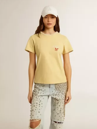 Dam-T-shirt i bomullsjersey med broderi på halsen och hjärtat