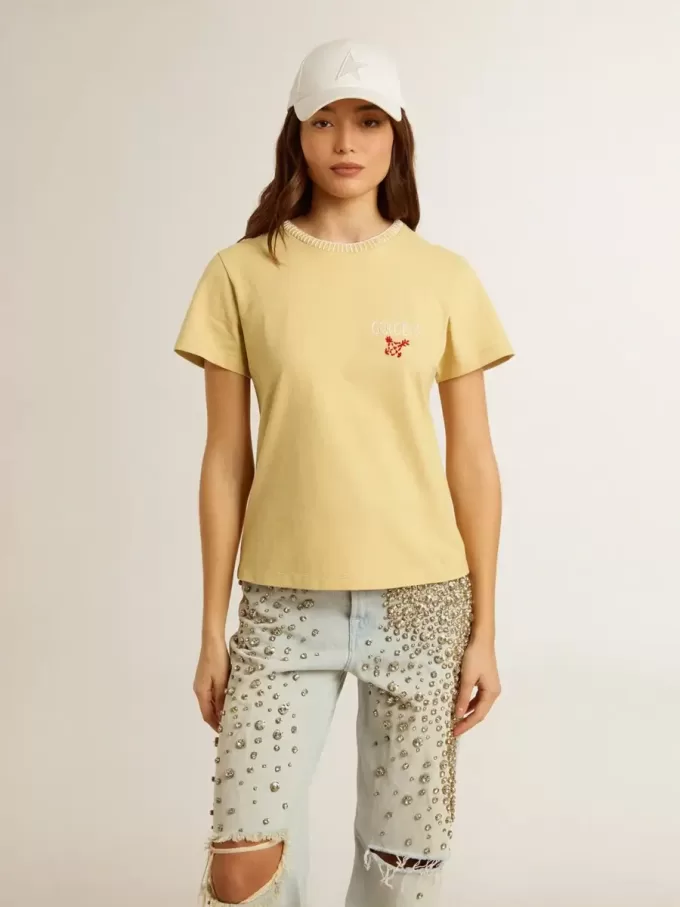 Dam-T-shirt i bomullsjersey med broderi på halsen och hjärtat
