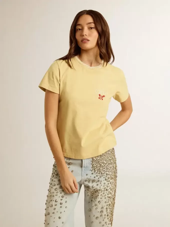Dam-T-shirt i bomullsjersey med broderi på halsen och hjärtat