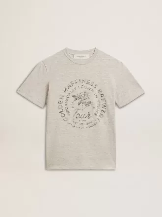Dam-T-shirt i gråmelerad bomull med säsongens tryck
