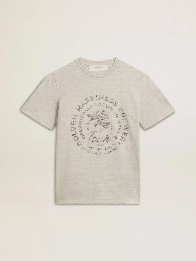 Dam-T-shirt i gråmelerad bomull med säsongens tryck