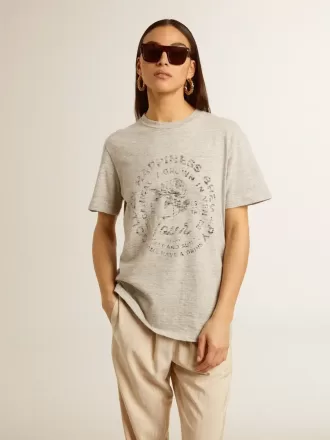Dam-T-shirt i gråmelerad bomull med säsongens tryck