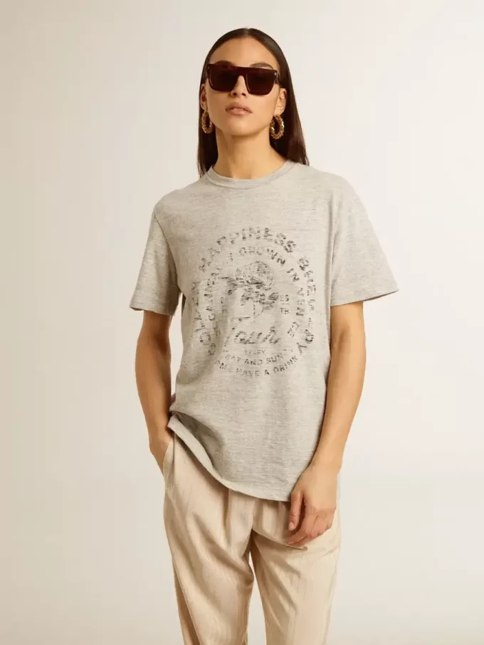 Dam-T-shirt i gråmelerad bomull med säsongens tryck