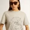 Dam-T-shirt i gråmelerad bomull med säsongens tryck
