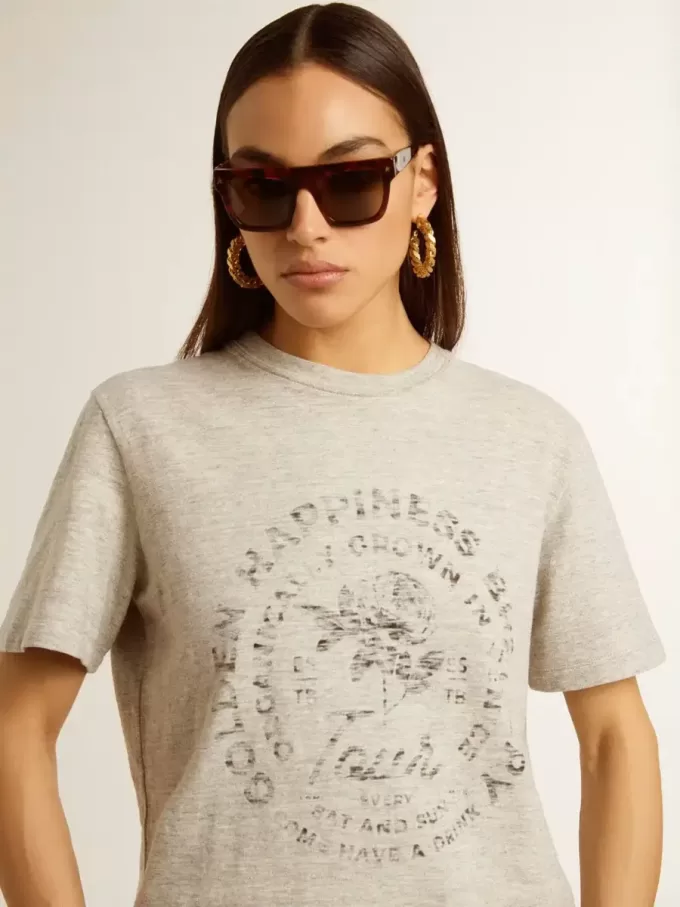 Dam-T-shirt i gråmelerad bomull med säsongens tryck