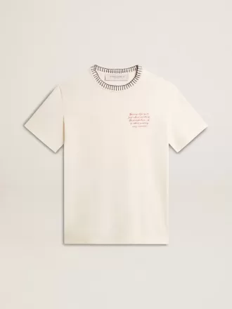 Dam-T-shirt i åldrad vit bomull med handbroderi