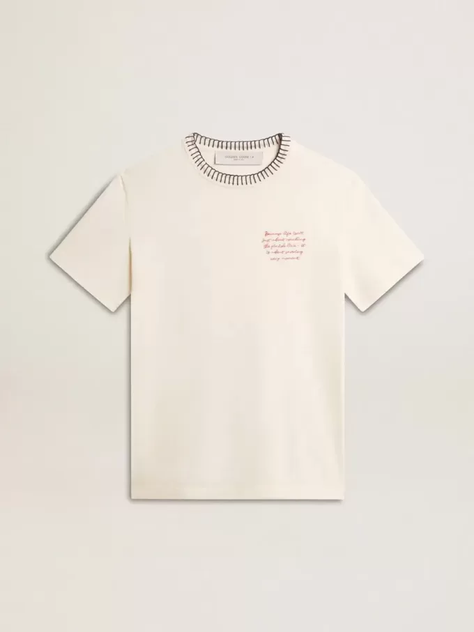 Dam-T-shirt i åldrad vit bomull med handbroderi