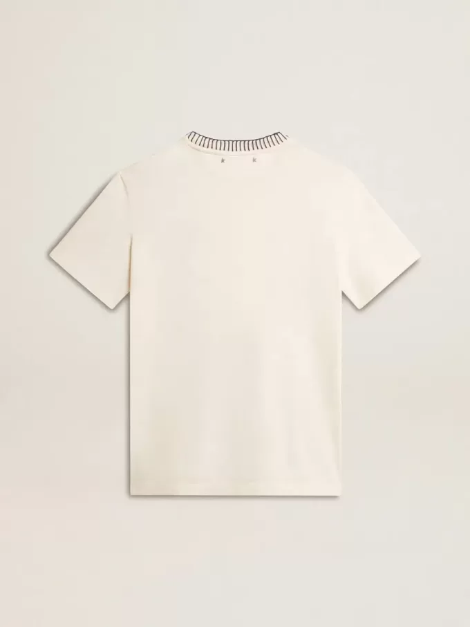 Dam-T-shirt i åldrad vit bomull med handbroderi
