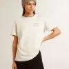Dam-T-shirt i åldrad vit bomull med handbroderi