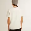 Dam-T-shirt i åldrad vit bomull med handbroderi