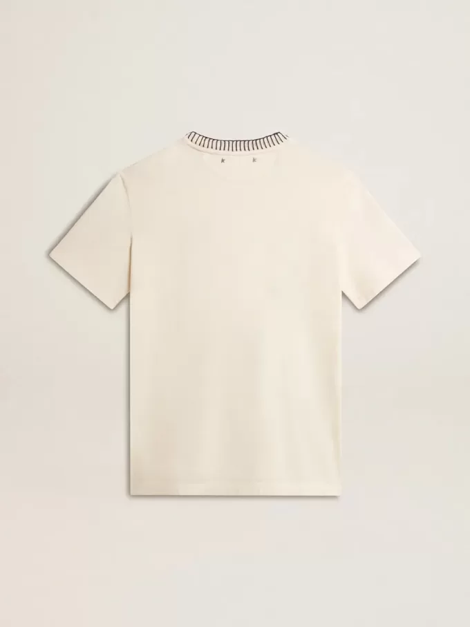 Dam-T-shirt i åldrad vit bomull med handbroderi