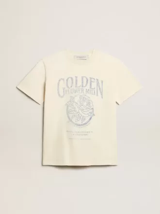 Dam-T-shirt i åldrad vit bomull med säsongens tryck