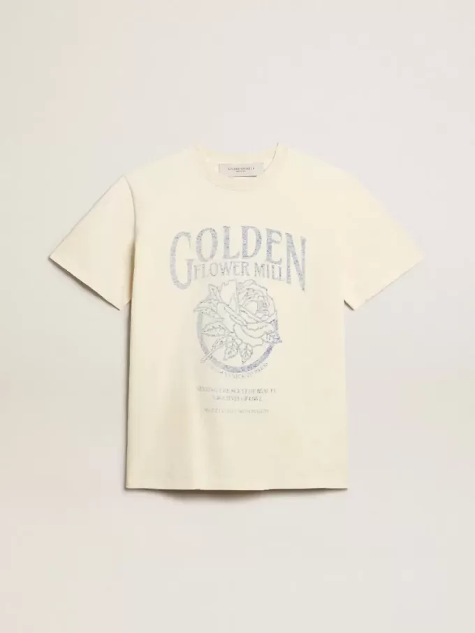 Dam-T-shirt i åldrad vit bomull med säsongens tryck