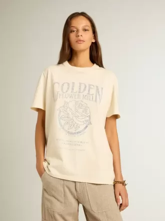 Dam-T-shirt i åldrad vit bomull med säsongens tryck