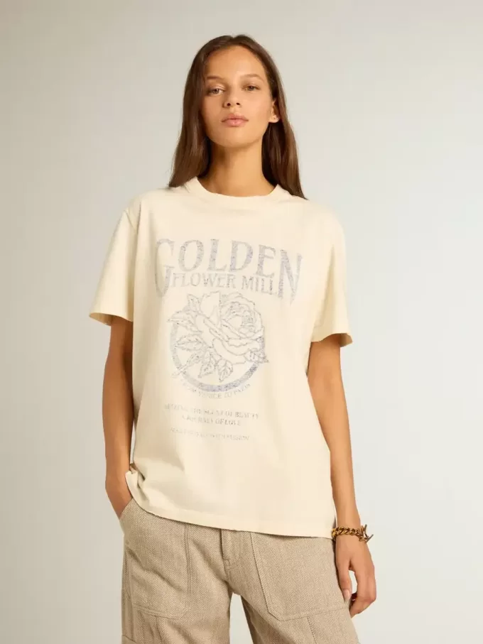 Dam-T-shirt i åldrad vit bomull med säsongens tryck