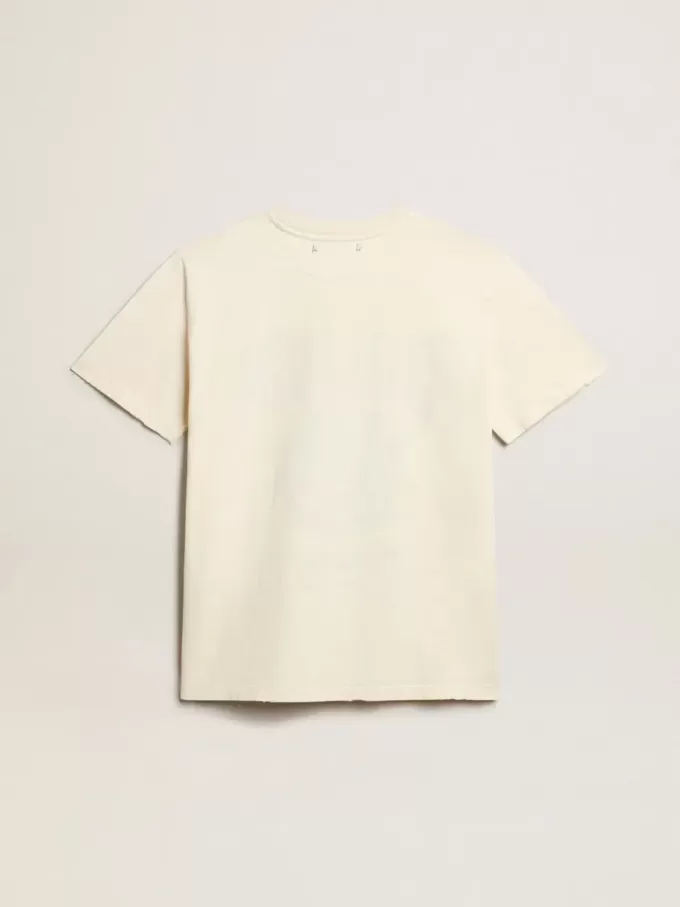 Dam-T-shirt i åldrad vit bomull med säsongens tryck