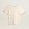Dam-T-shirt i åldrad vit bomull med tryck och broderi