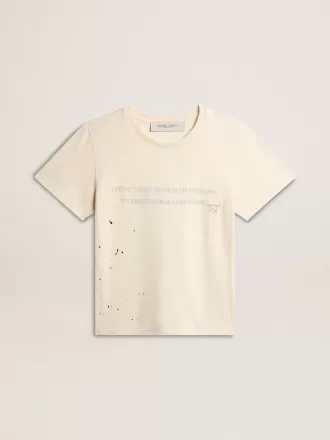Dam-T-shirt i åldrad vit bomull med tryck och broderi