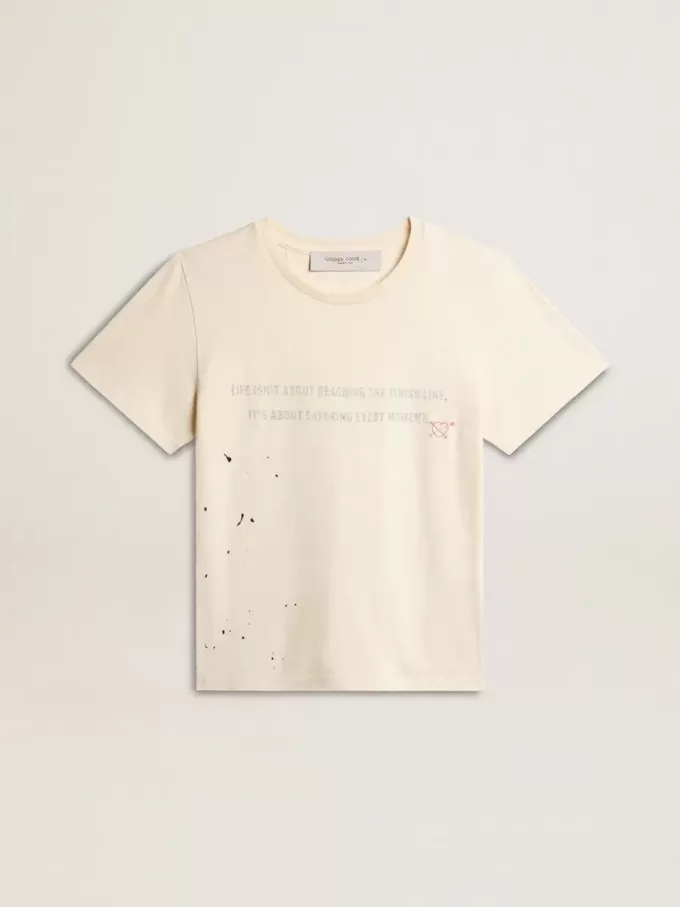 Dam-T-shirt i åldrad vit bomull med tryck och broderi