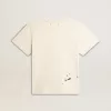 Dam-T-shirt i åldrad vit bomull med tryck och broderi