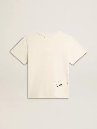 Dam-T-shirt i åldrad vit bomull med tryck och broderi