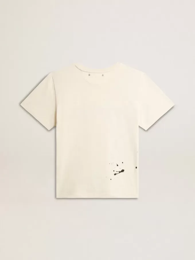 Dam-T-shirt i åldrad vit bomull med tryck och broderi
