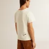 Dam-T-shirt i åldrad vit bomull med tryck och broderi