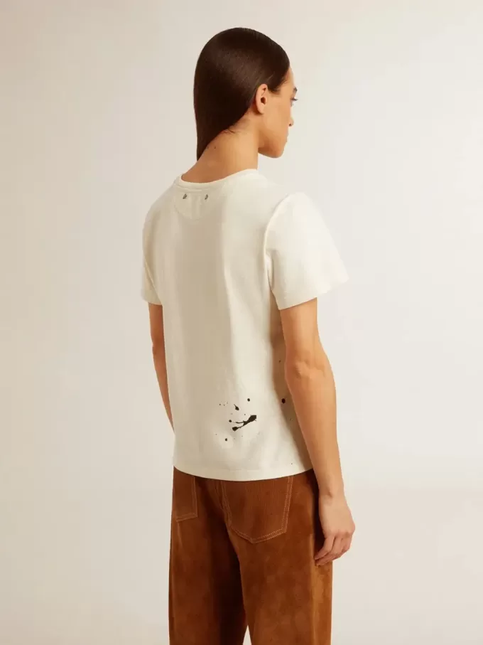 Dam-T-shirt i åldrad vit bomull med tryck och broderi