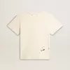 Dam-T-shirt i åldrad vit bomull med tryck och broderi