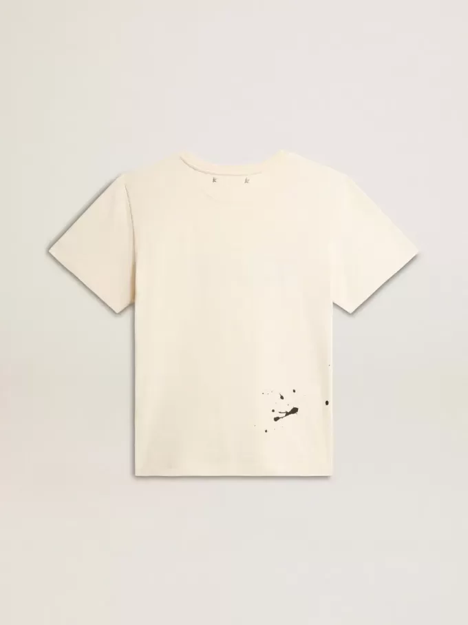 Dam-T-shirt i åldrad vit bomull med tryck och broderi