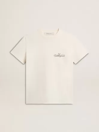 Dam-T-shirt i åldrat vitt med logotyp på bröstet