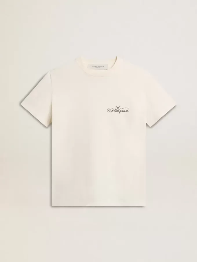 Dam-T-shirt i åldrat vitt med logotyp på bröstet