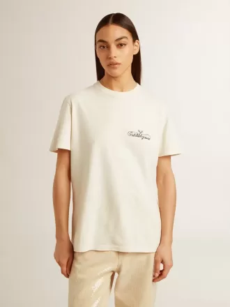 Dam-T-shirt i åldrat vitt med logotyp på bröstet