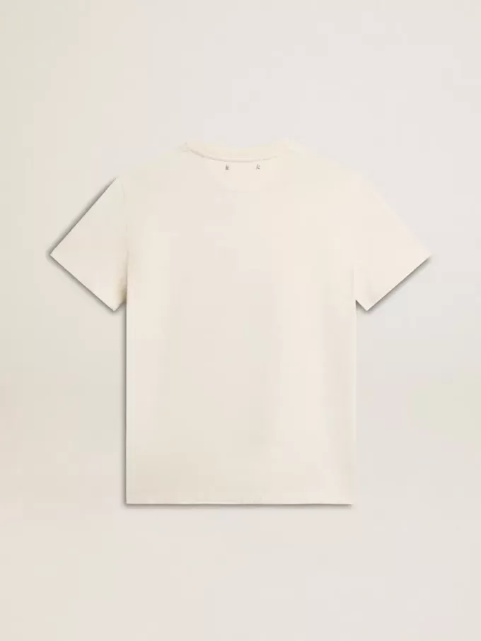 Dam-T-shirt i åldrat vitt med logotyp på bröstet