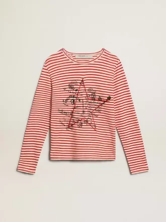 Dam-T-shirt med vita och röda ränder och broderi på framsidan