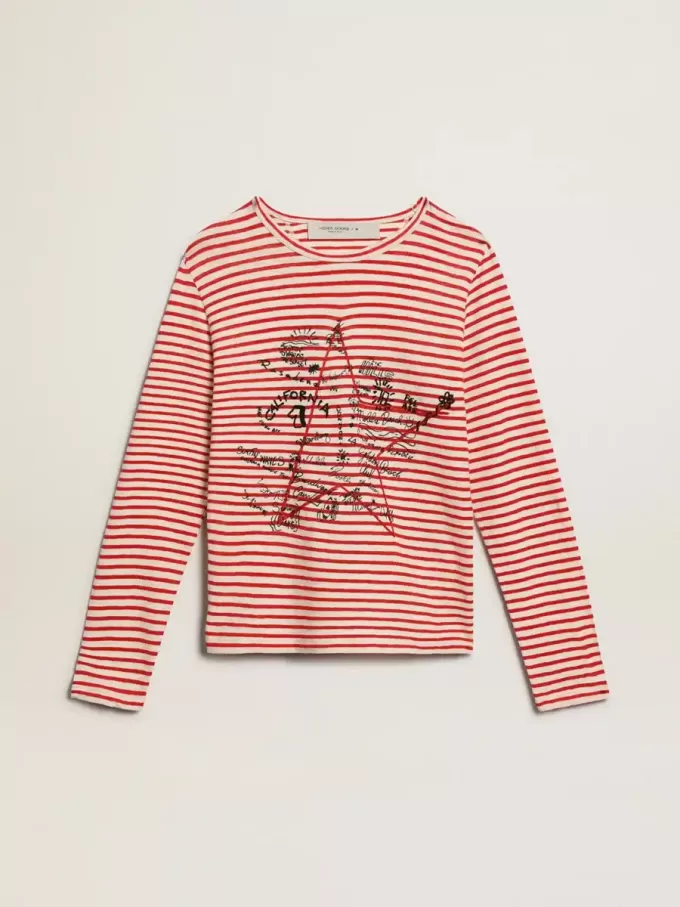 Dam-T-shirt med vita och röda ränder och broderi på framsidan Dam-T-shirt med vita och röda ränder och broderi på framsidan