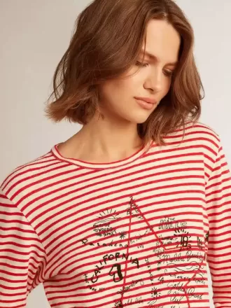 Dam-T-shirt med vita och röda ränder och broderi på framsidan
