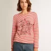 Dam-T-shirt med vita och röda ränder och broderi på framsidan Dam-T-shirt med vita och röda ränder och broderi på framsidan