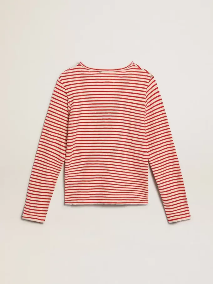 Dam-T-shirt med vita och röda ränder och broderi på framsidan Dam-T-shirt med vita och röda ränder och broderi på framsidan